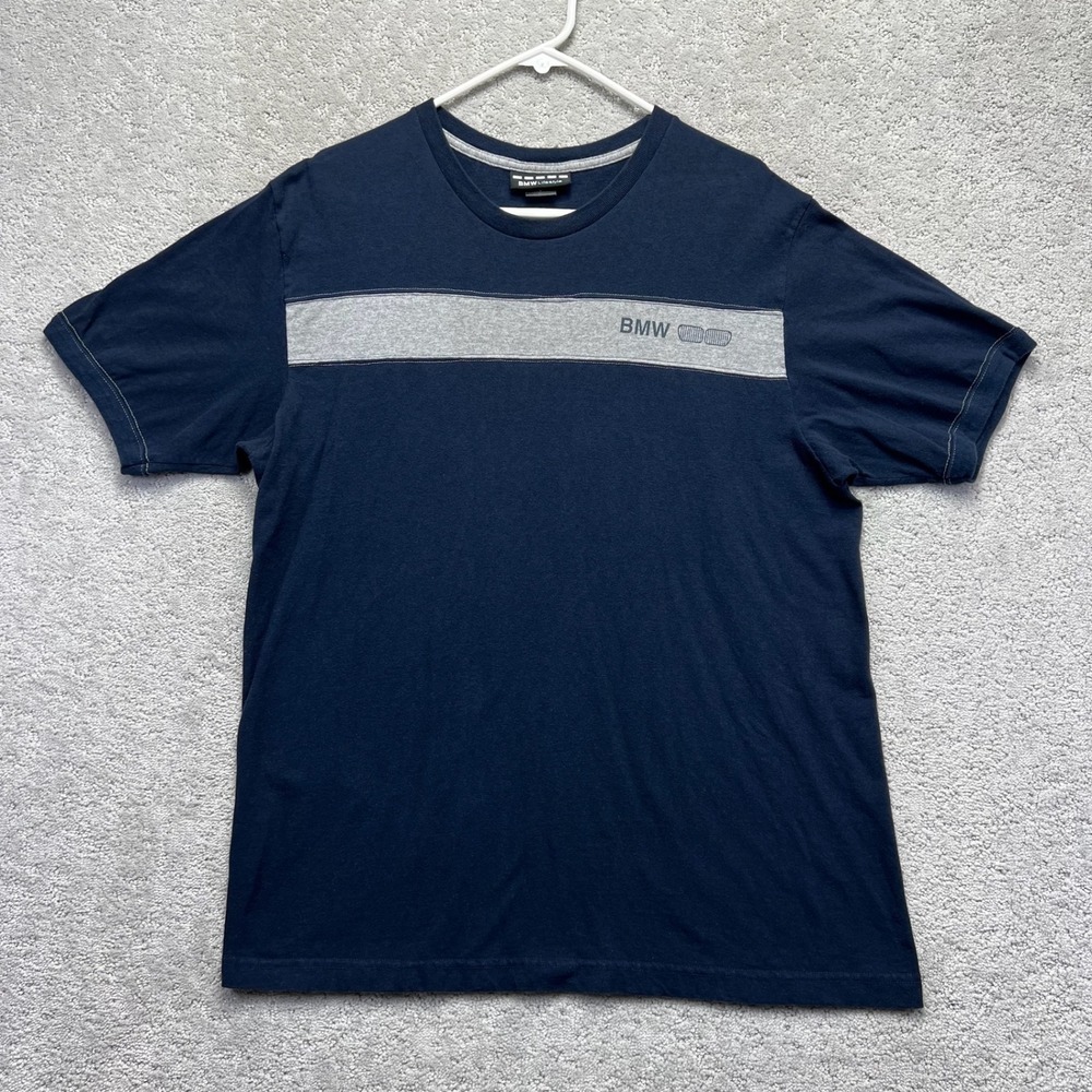 VINTAGE BMW Lifestyle T-Shirt Mens Large Navy Blue Grey Stripe Cars Made in USA